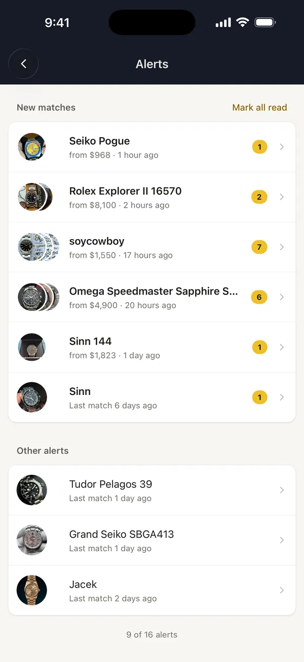Alerts inbox with new matches in the WatchPatrol app