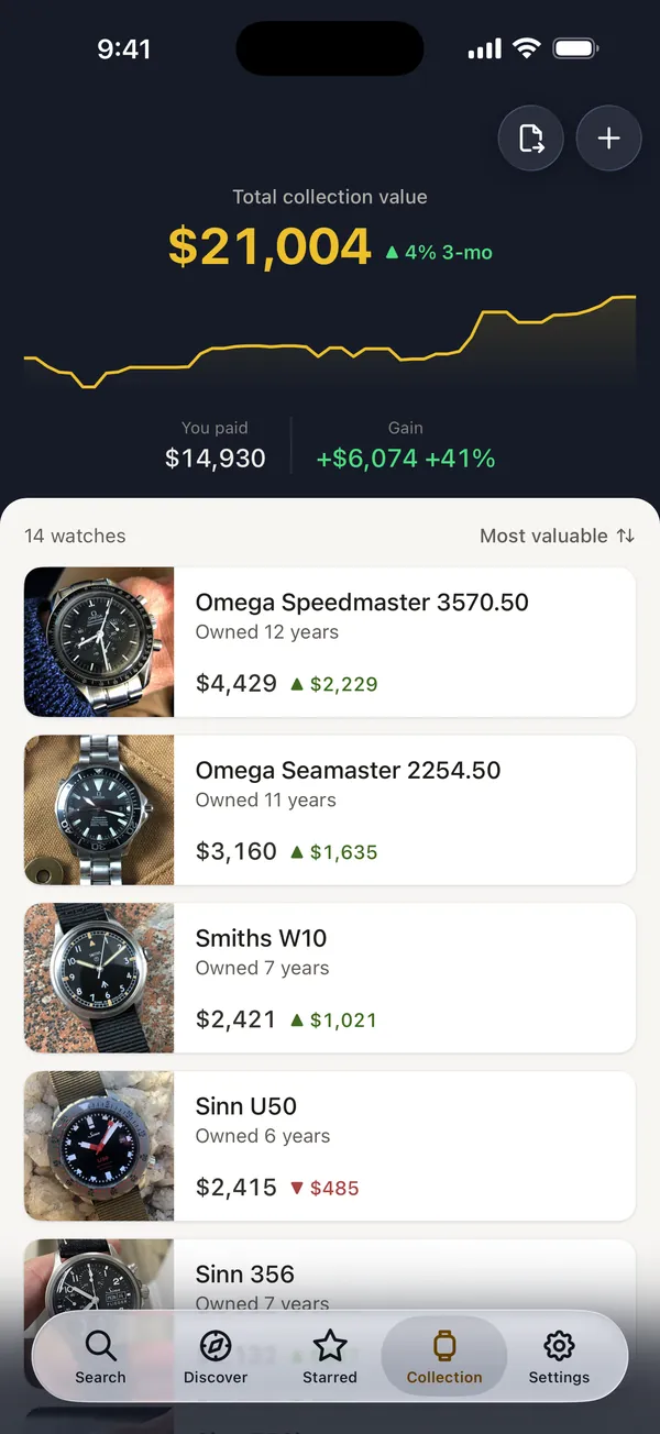 Collection value and owned watches in the WatchPatrol app