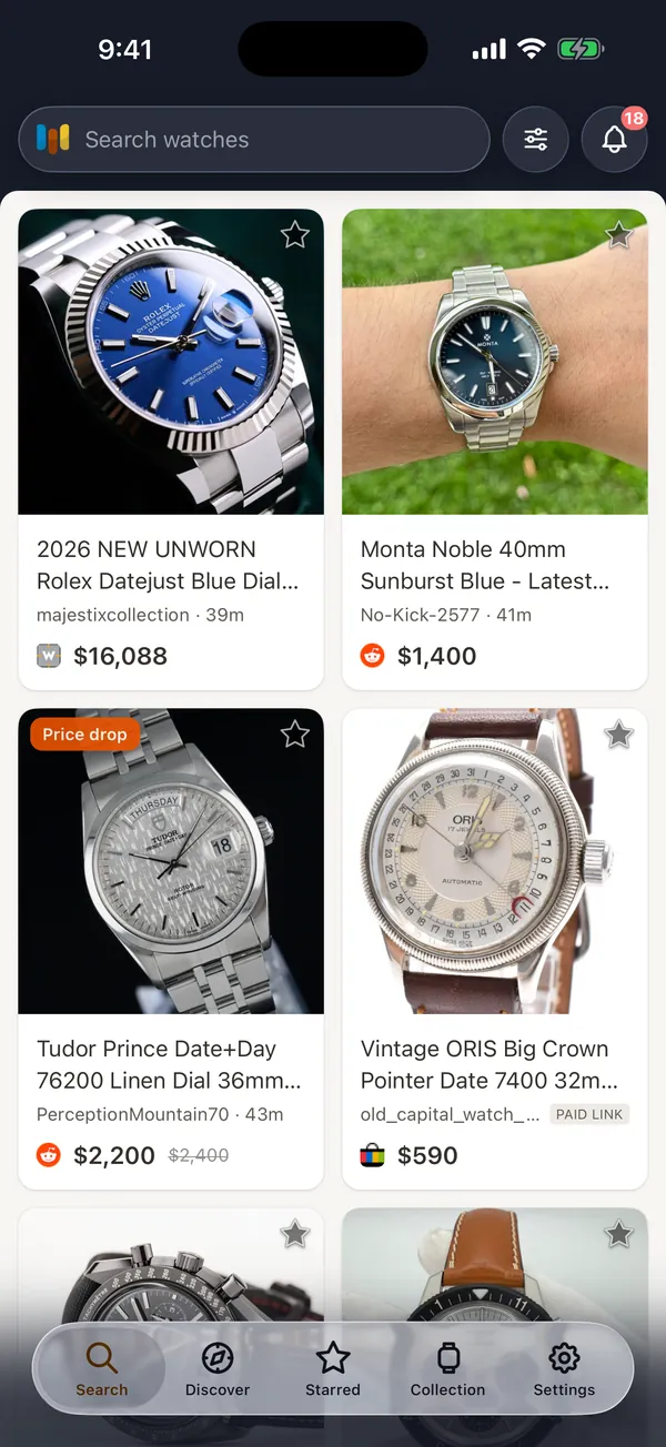 WatchPatrol app search feed of watch listings